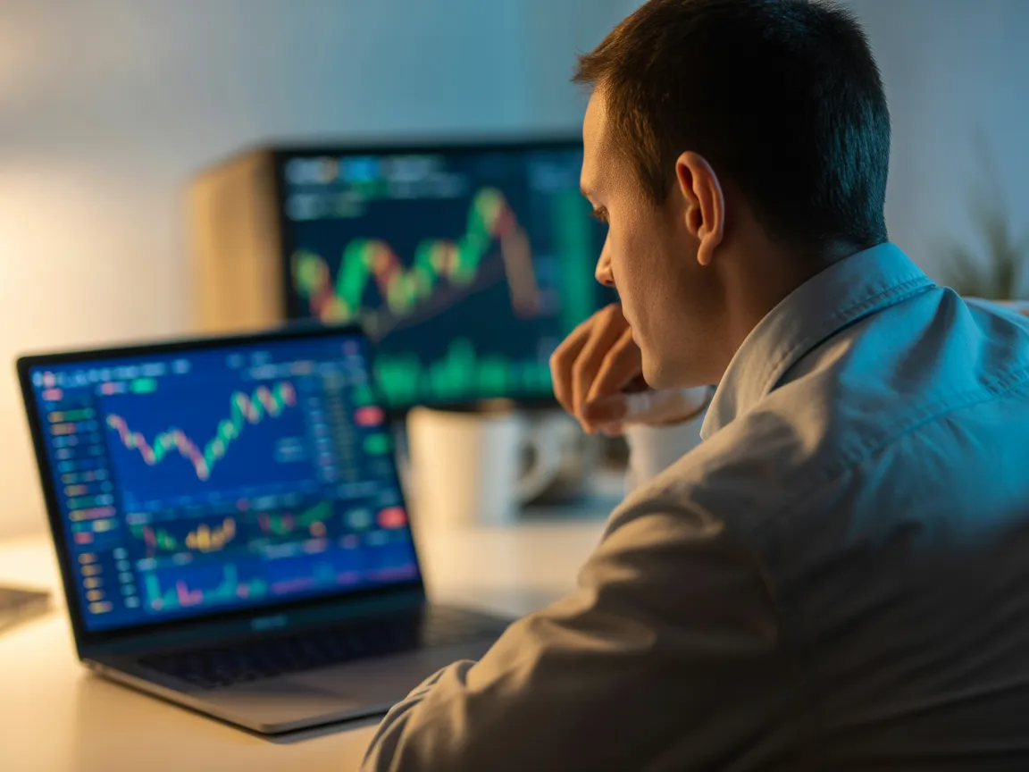 Professional trader analyzing forex trading data on laptop