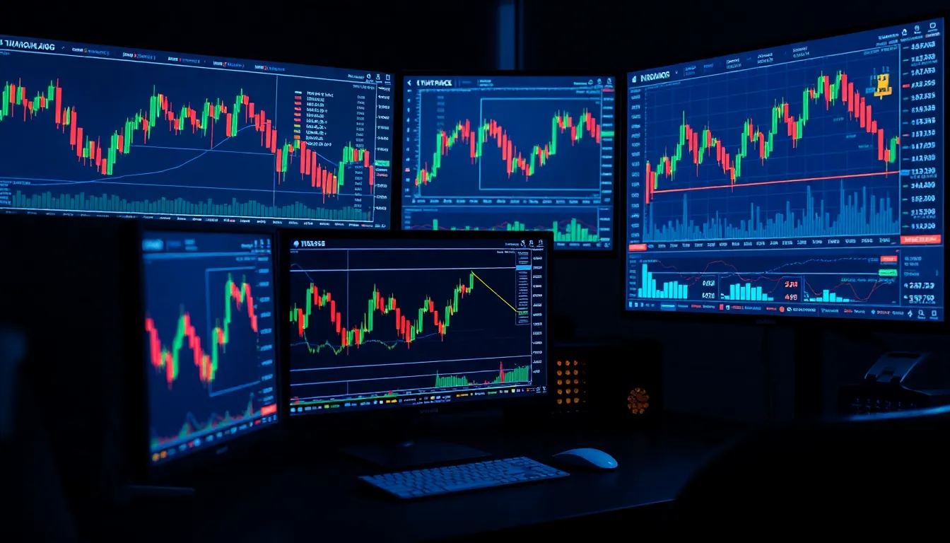 Trading charts on a computer screen showing forex currency exchange data and graphs